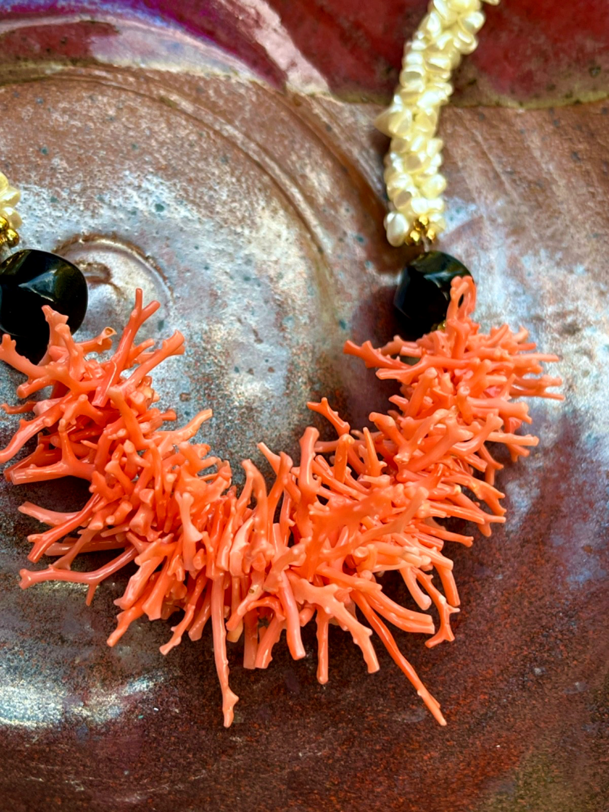 VINTAGE Faux Branch Coral & Fresh Water Pearl Cluster Statement Choker Necklace