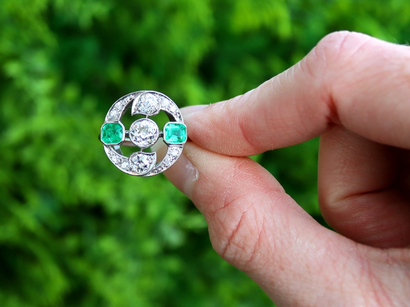 Antique 0.61Ct Emerald and 1.45Ct Diamond 18k White Gold Ring Circa 1920