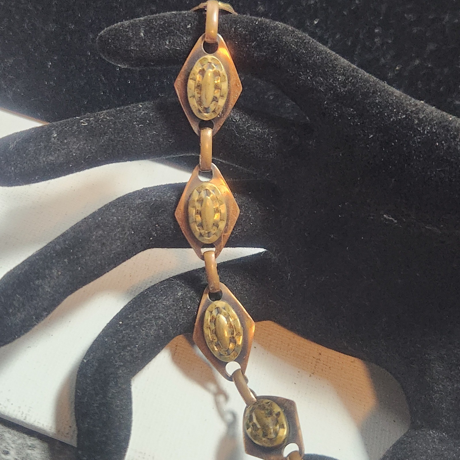 Vintage Copper Diamond Link Bracelet Textured Gold Tone Oval Accents Boho Retro