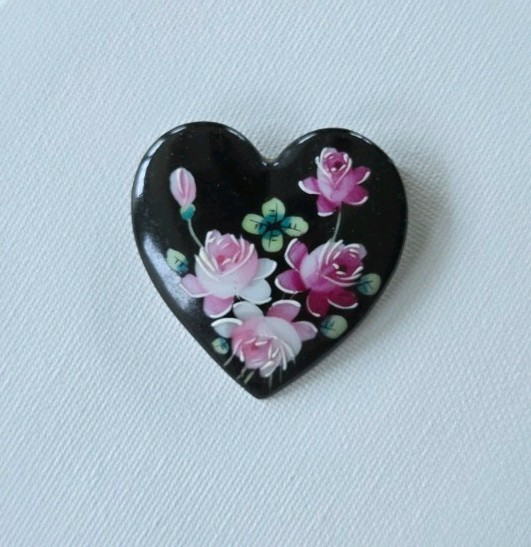 Hand Painted Heart Brooch With Pink Flowers 2 Inches Clay