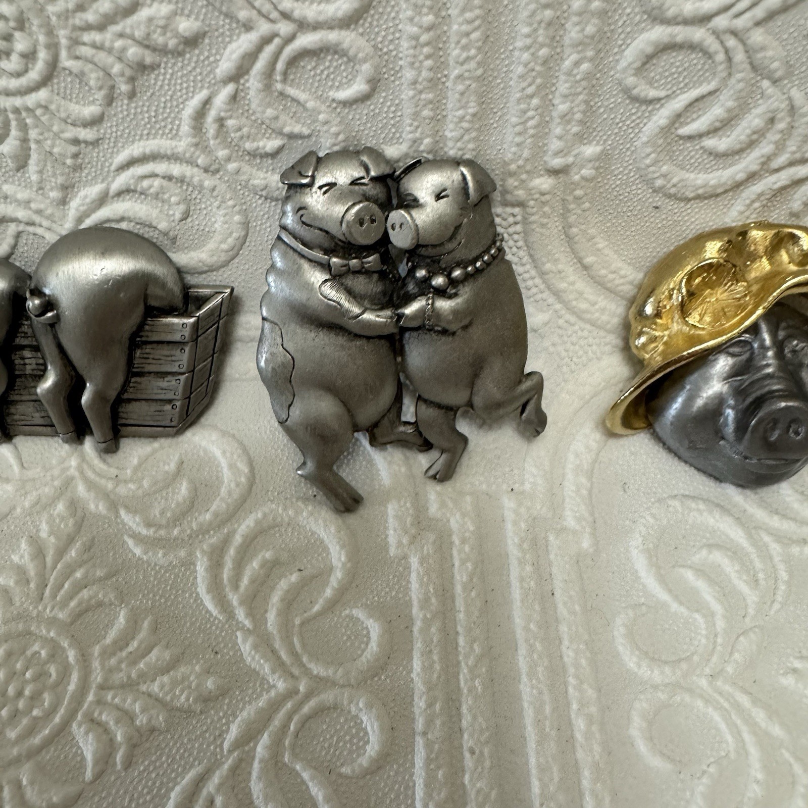 Vintage Pig Brooch Pins *Lot Of 5* Some Signed JJ Silver Tone Pewter Ceramic 3D