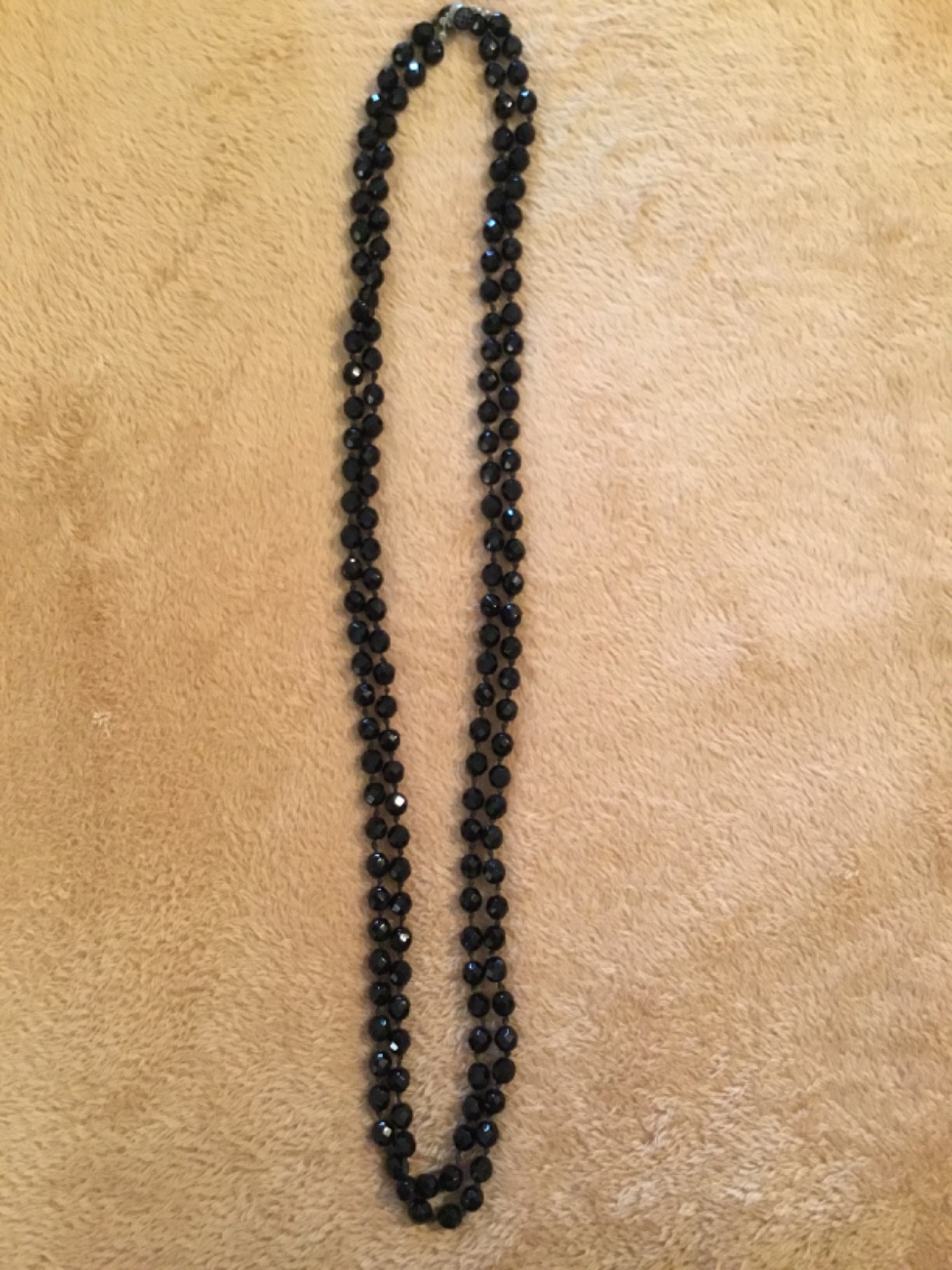 Vtg Black AUSTRIAN 68″ Knotted Cut Crystal Beads XL Necklace-Silver Tone Clasp