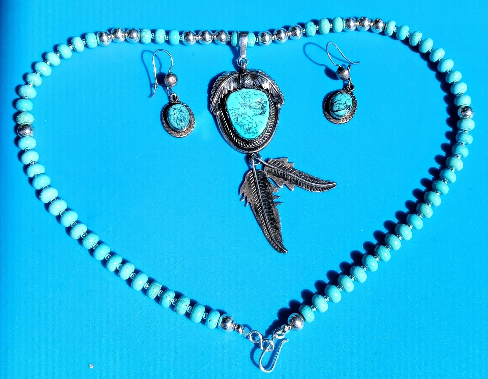 NAVAJO ELLA COWBOY TURQUOISE STERLING SILVER FEATHER NECKLACE EARRINGS 39.5 Gr