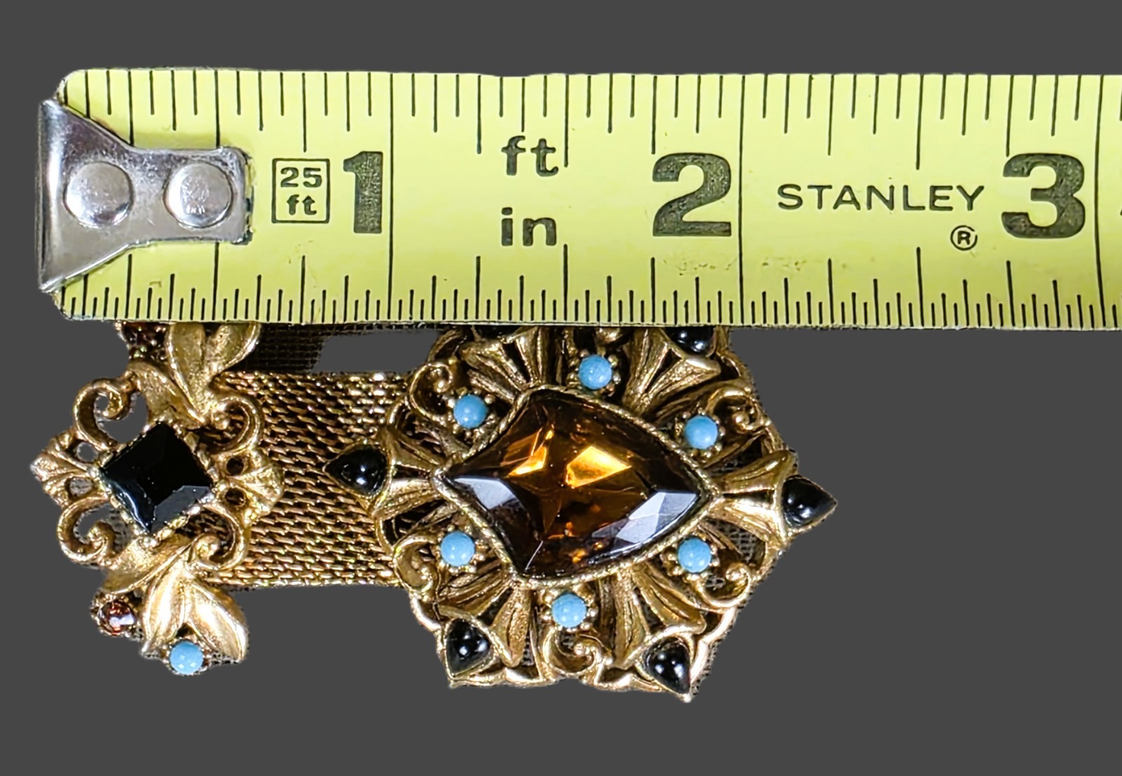 Vintage FLORENZA Rhinestone Heraldic Brooch Mesh Ribbon Pin
