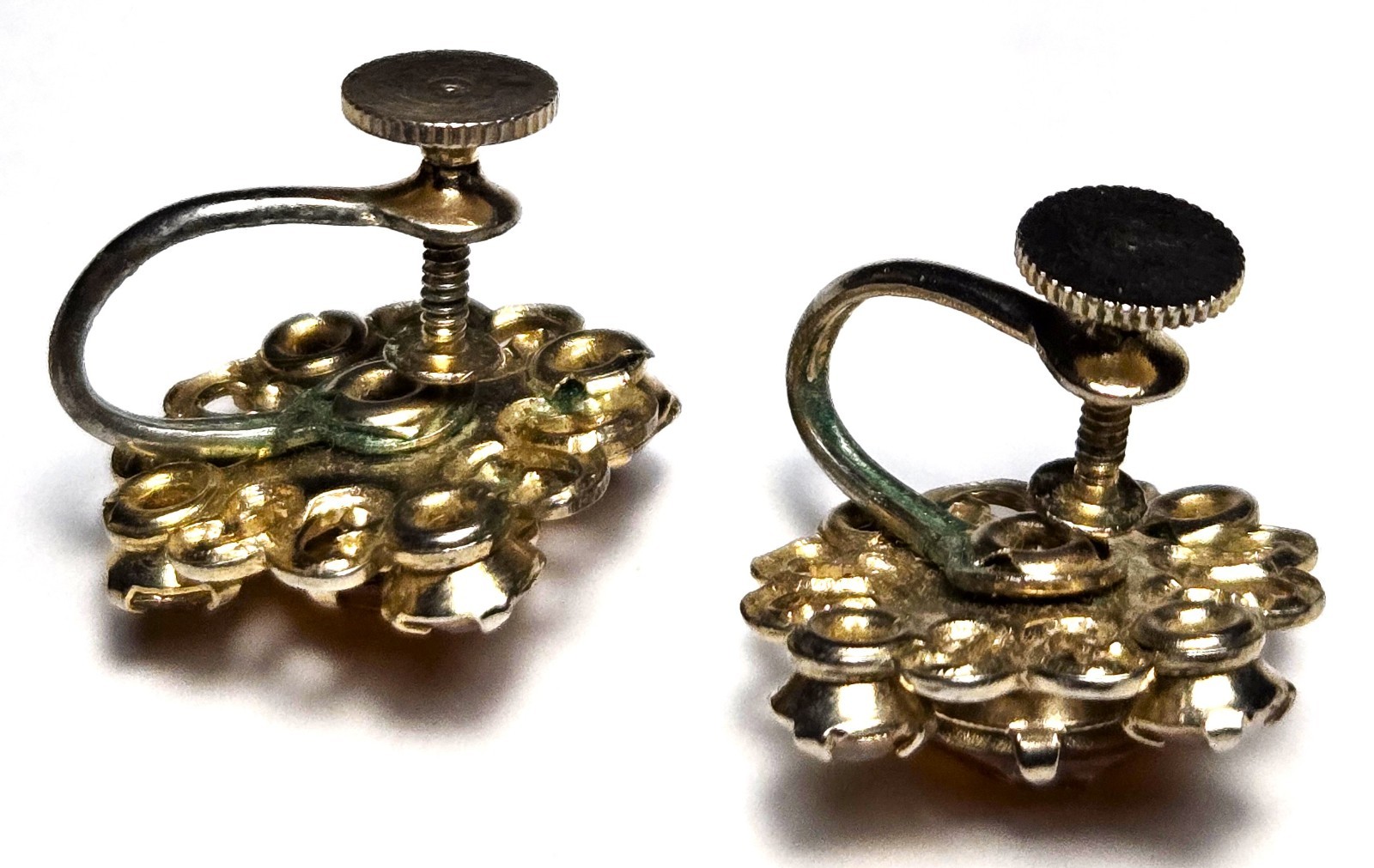 Vintage Art Deco/Nouveau Pretty Gold Glass Sparkly Gold Tone Screw Back Earrings