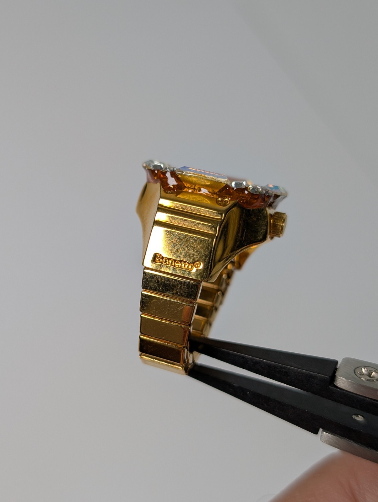 Vtg Digits Bonetto Ring Watch Rhinestone Bezel Gold Tone Expansion Band RUNNING