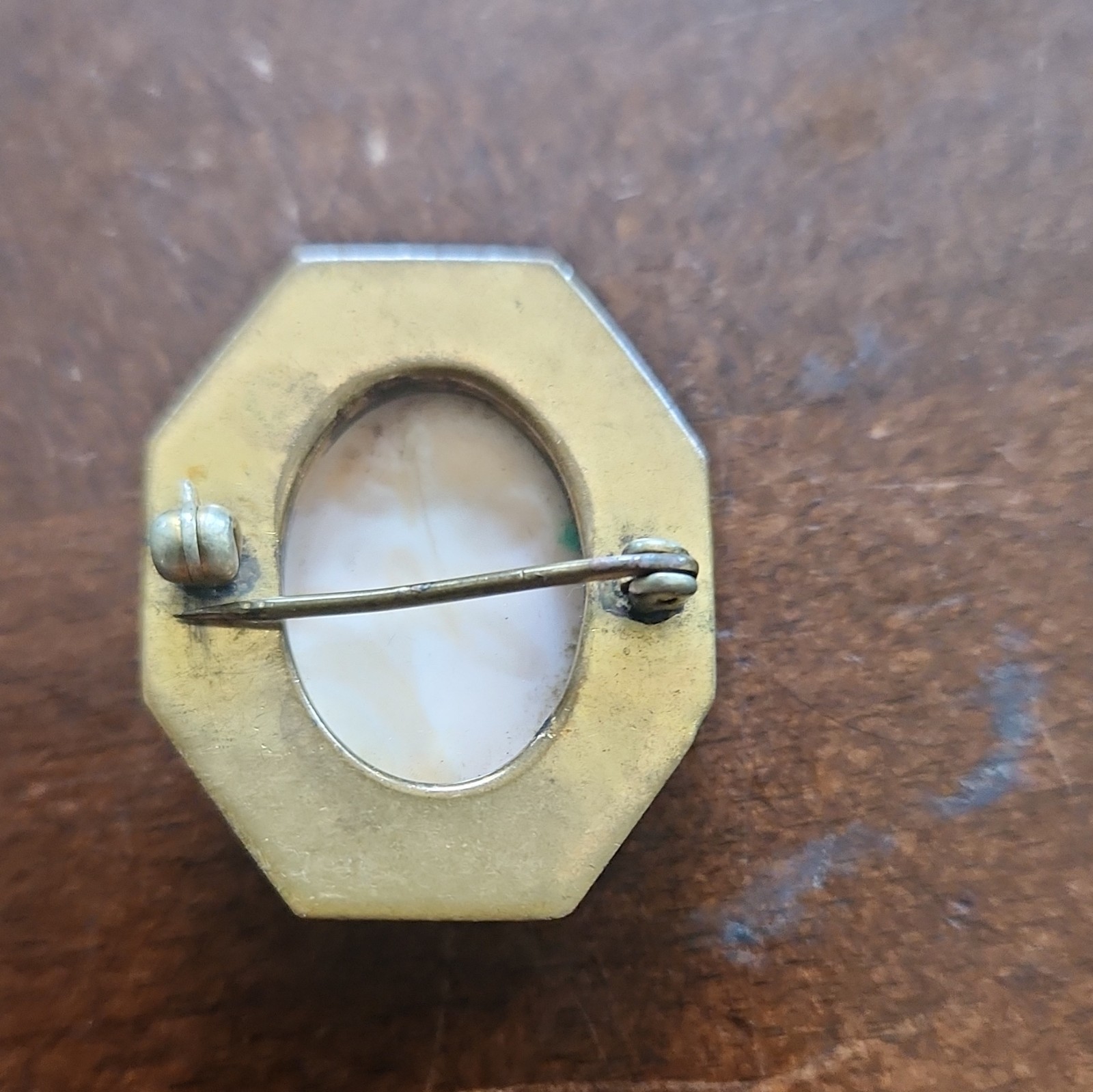 Cameo Portrait Brooch Pin, Octagon Gold-Tone Brass, Oval Cream Stone