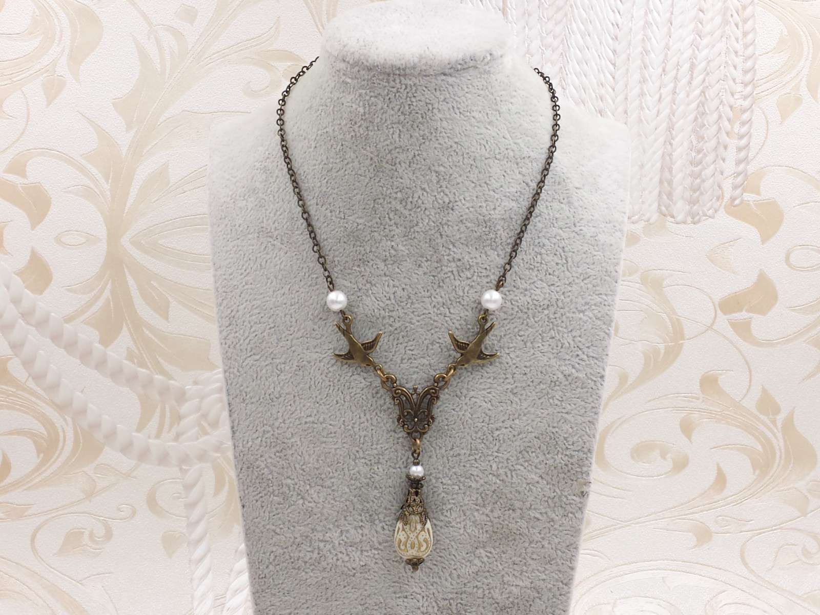 Victorian Necklace- Cream Acrylic Bead Simulated Crystal Pearl Antiqued Bird