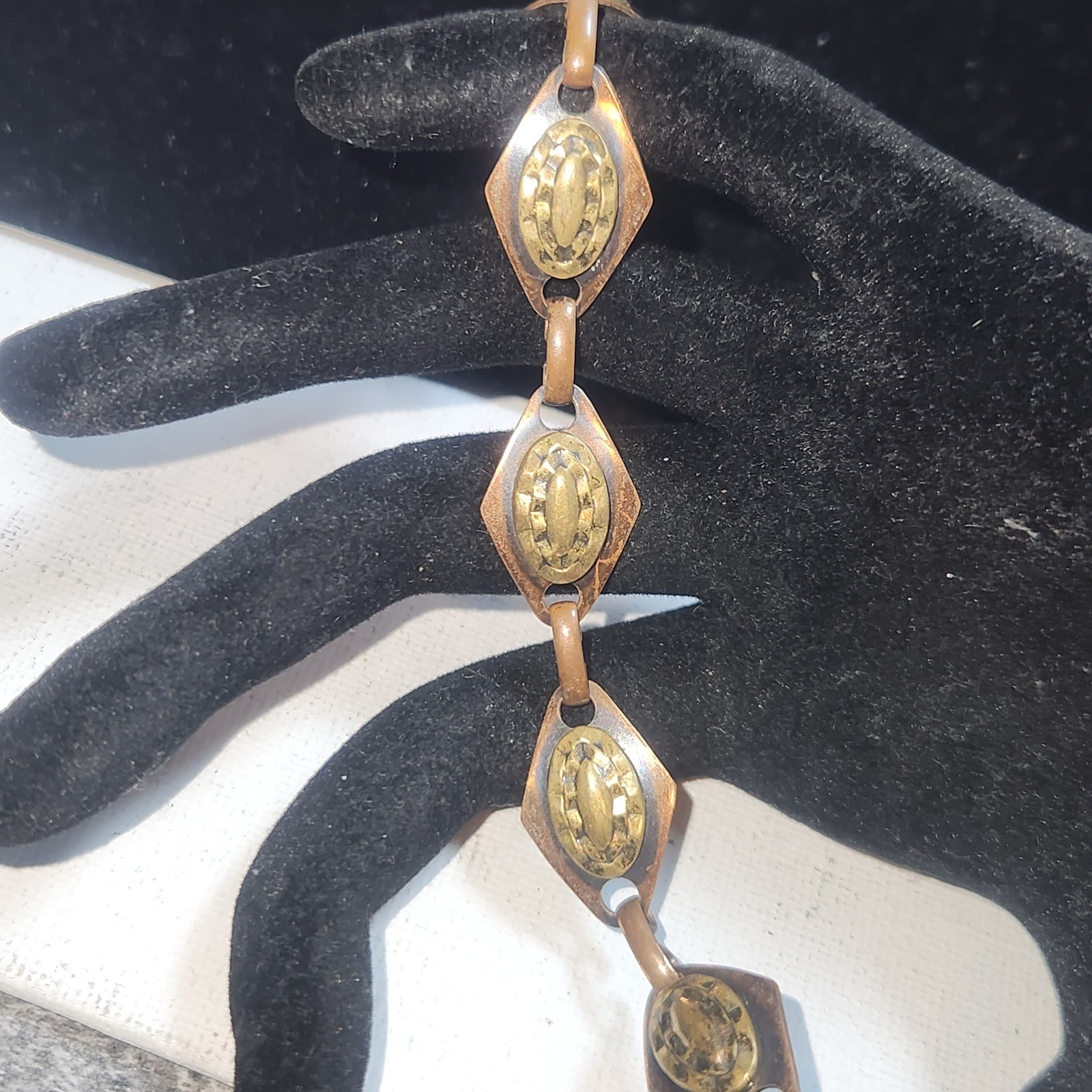 Vintage Copper Diamond Link Bracelet Textured Gold Tone Oval Accents Boho Retro