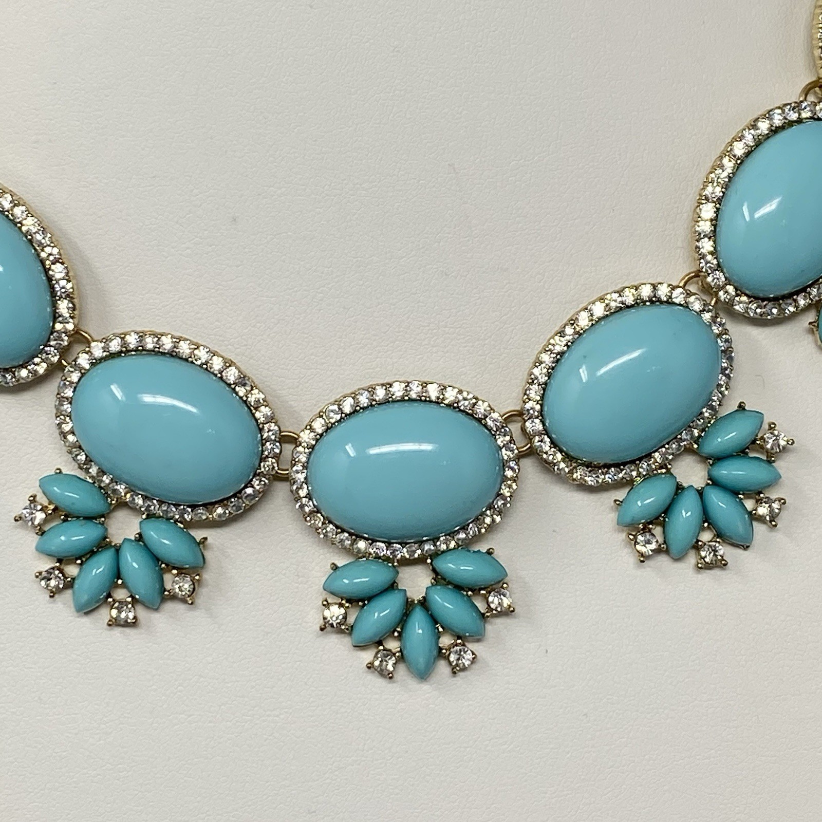 Chunky Statement Necklace Turquoise Cabochons Gold Tone Double Chain Collar 21″