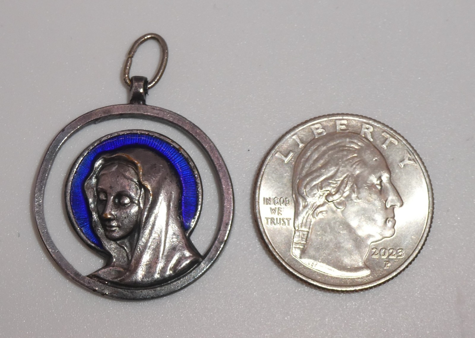 Vintage French Medal Lourdes Virgin Mary Blue Enamel Pendant Silver Tone 1 3/8″l
