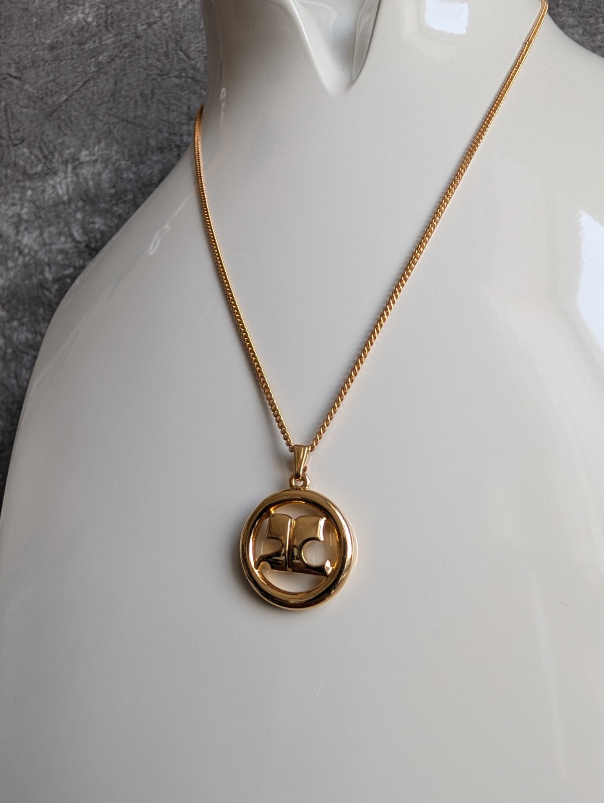 Vintage Courrèges Gold-Plated Circular “AC” Logo Pendant Necklace