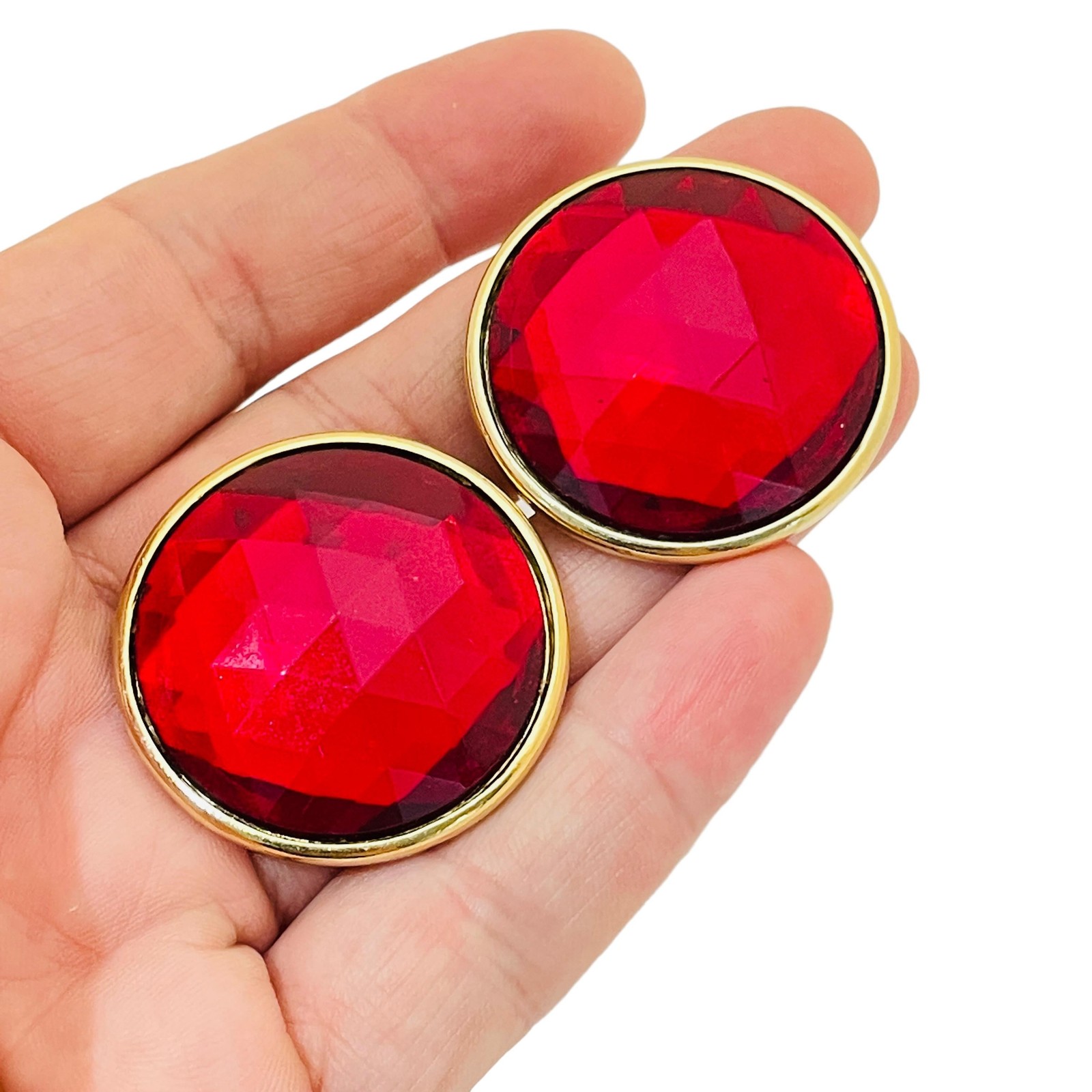 Vintage gold red glass designer runway pierced earrings