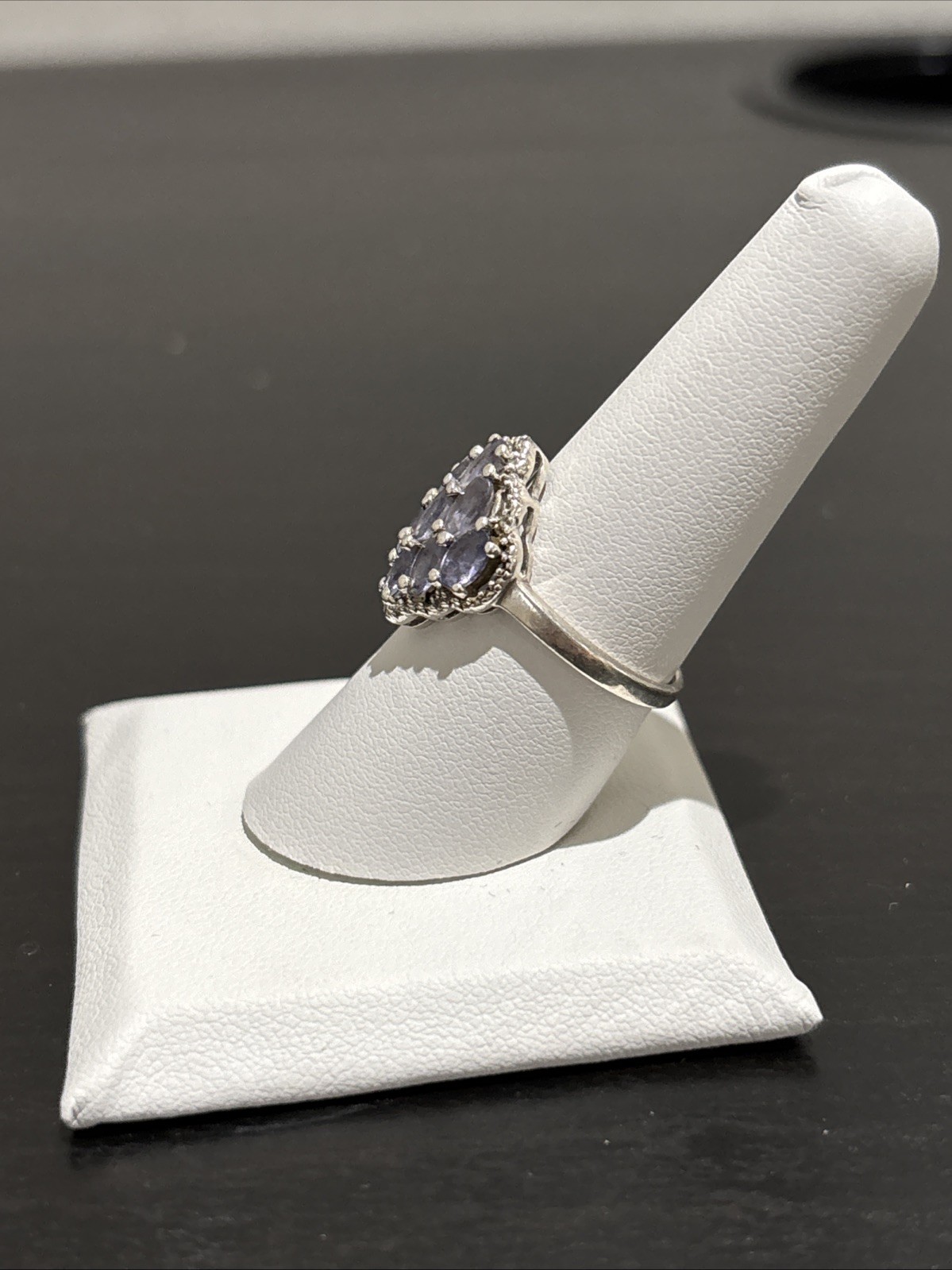 Sterling Silver 925 Blue Violet Tanzanite Style Cluster Diamond Ring Size 8 TGGC