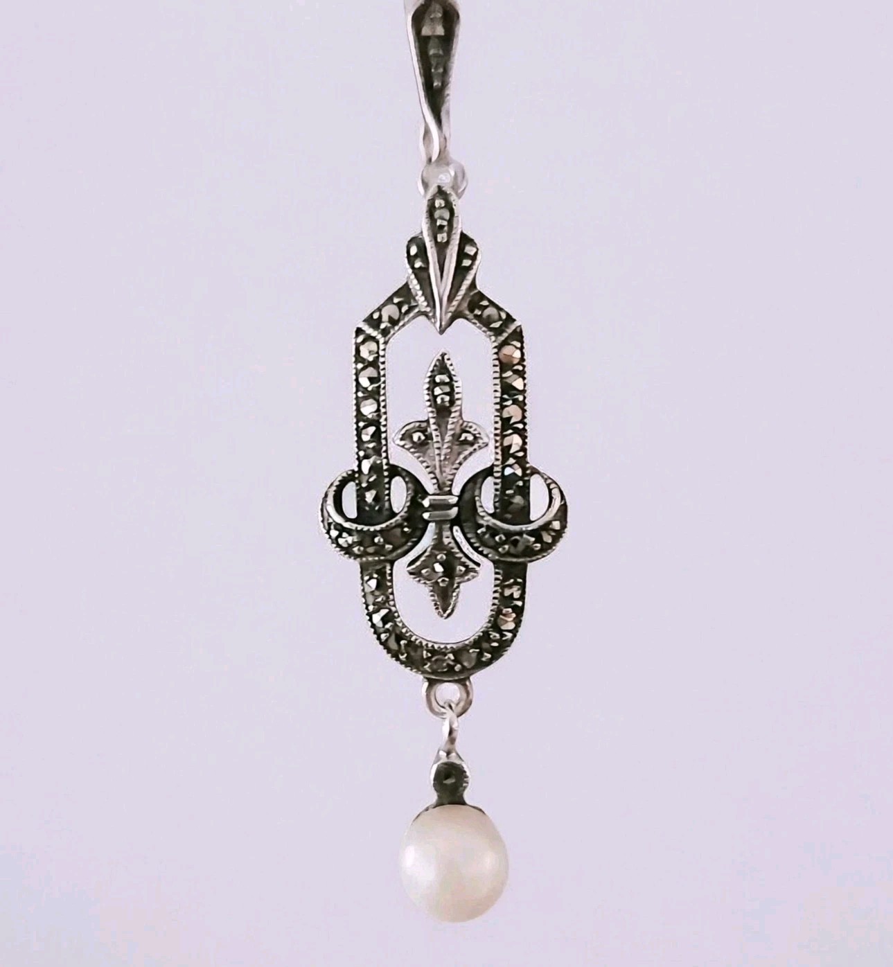 Antique Art Deco 935 Silver Marcasite & Pearl Pendant Necklace 18″, Pristine