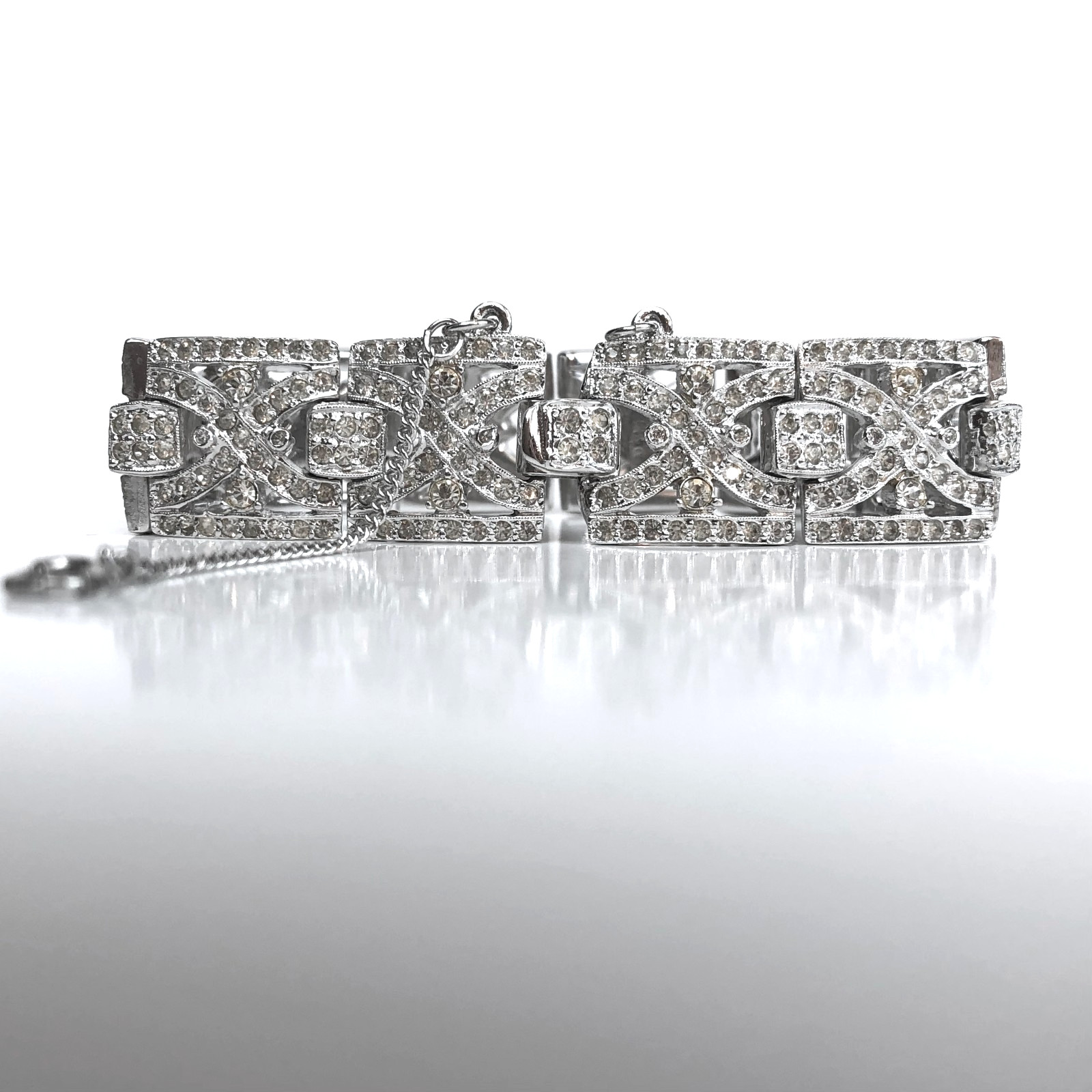 Vintage Art Deco Rhinestone Bracelet Geometric Panels Safety Chain Clasp