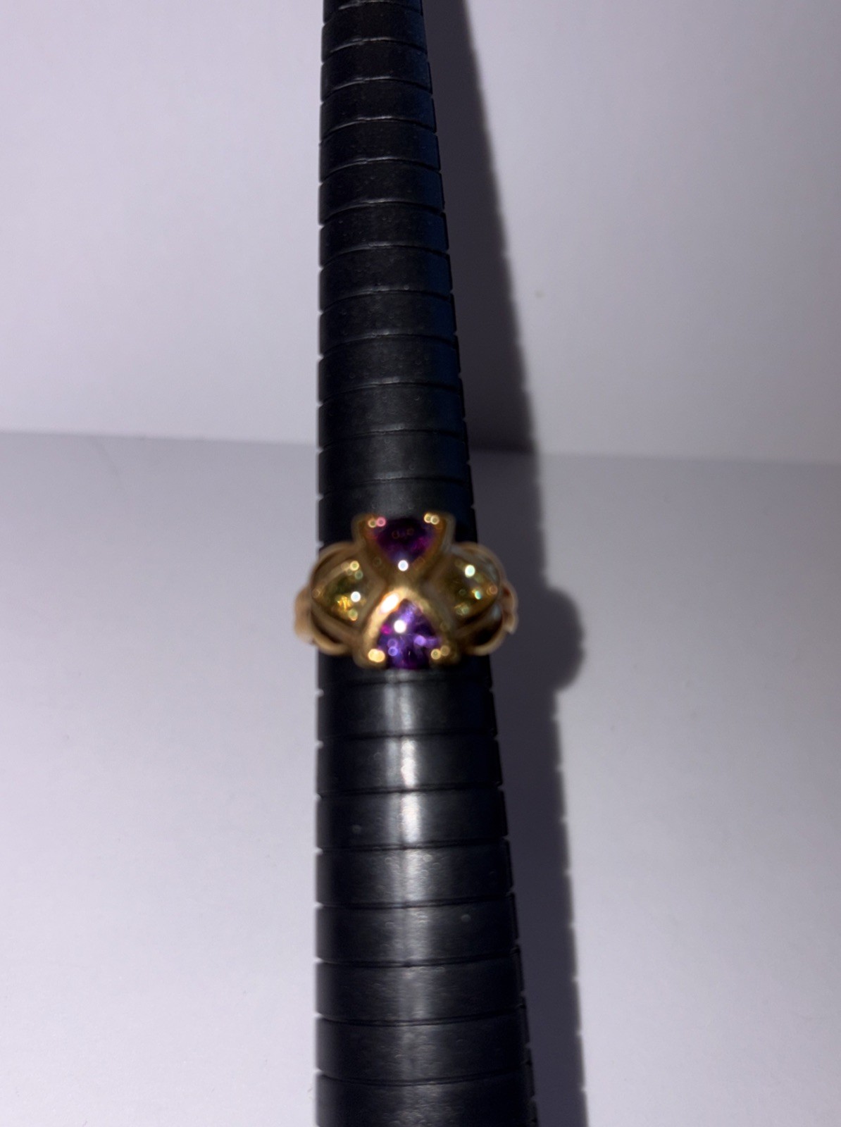 Purple Amethyst & Green Stone Ring Gold Plated Sterling Silver 925 Size 7