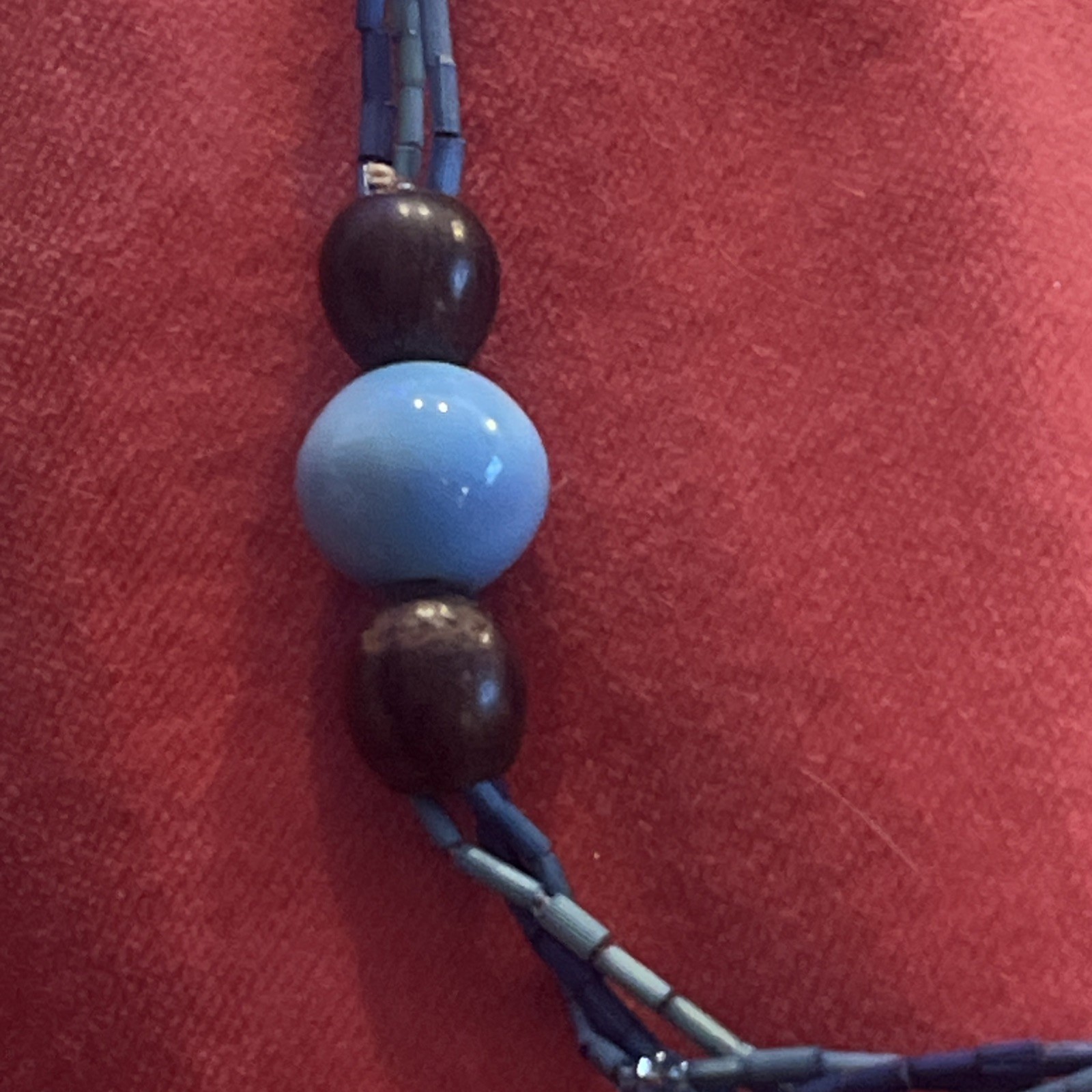 Blue, Brown -Glass, Ceramic, Wood Bead 30”Necklace, 2.5” Brass Inlay Wood Bangle