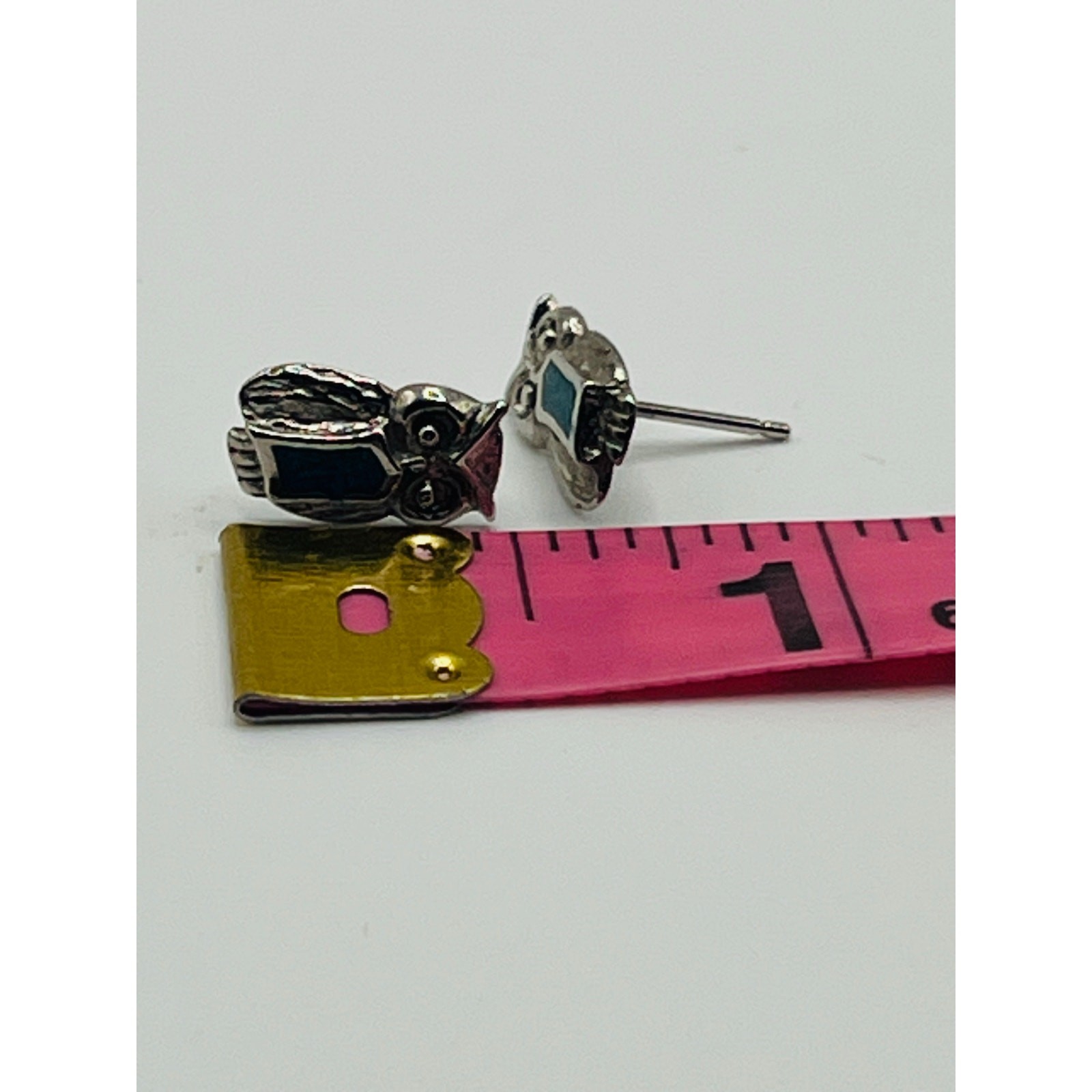 Vintage Owl Stud Earrings | Silver Tone Owl Jewelry | Blue Stone Inlay