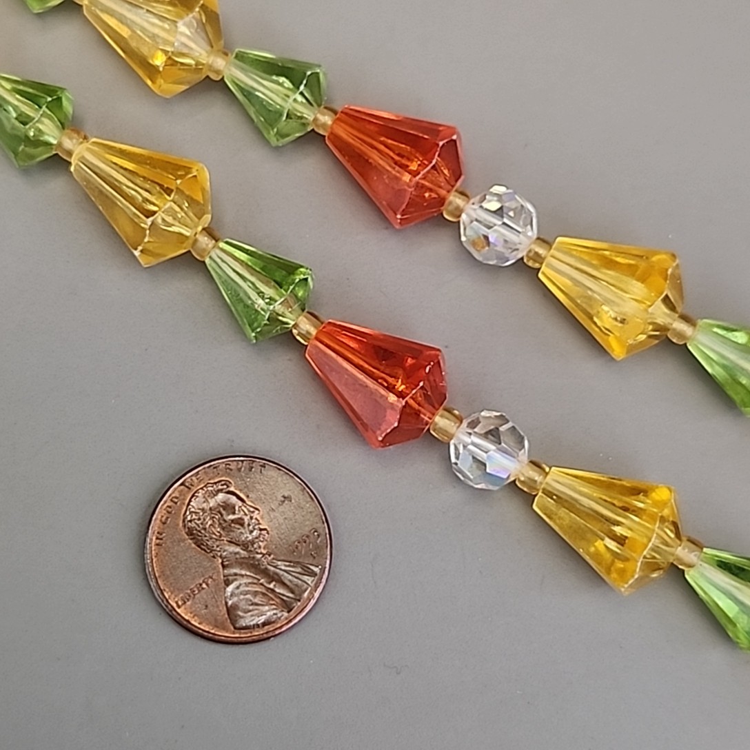 Vintage Plastic Beaded Necklace West Germany Orange Green Yellow AB Glass 20″