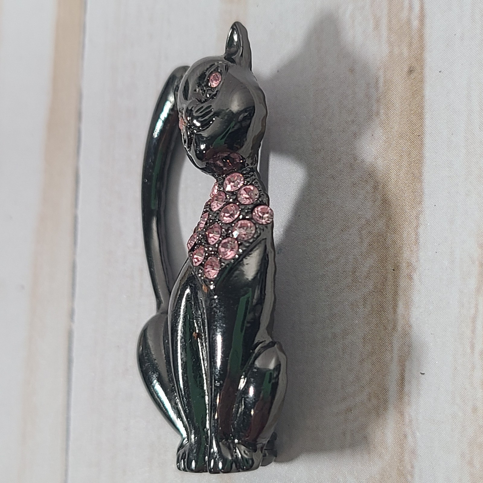 Vintage Black Cat Pin /Brooch Gunmetal-Tone W/Pink Rhinestones 1928 Jewelry Co
