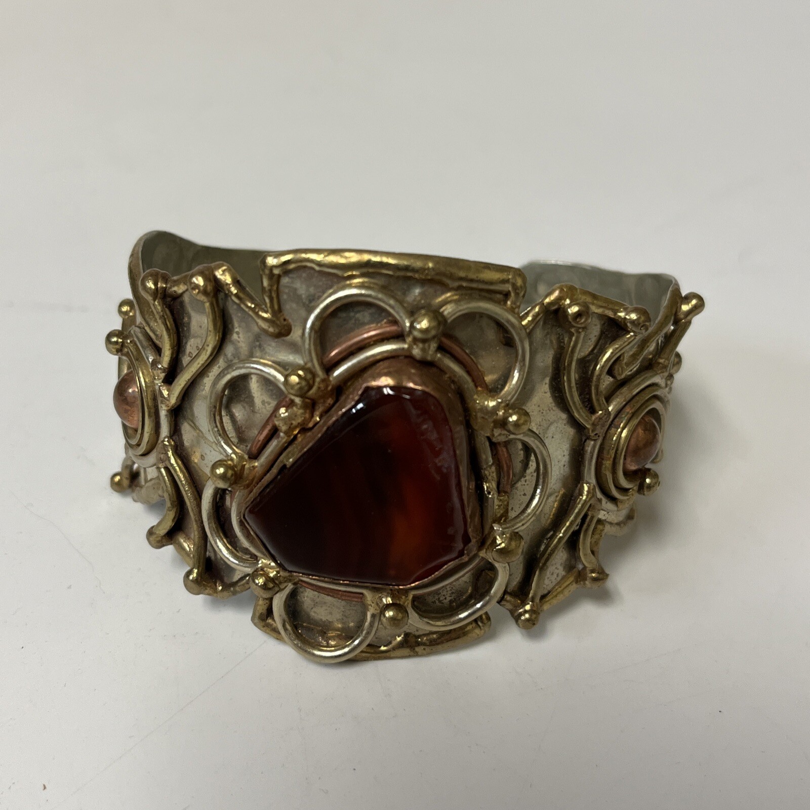 Vtg Mixed Metals Silver Tone Brass Copper Natural Stone Brutalist Cuff Bracelet