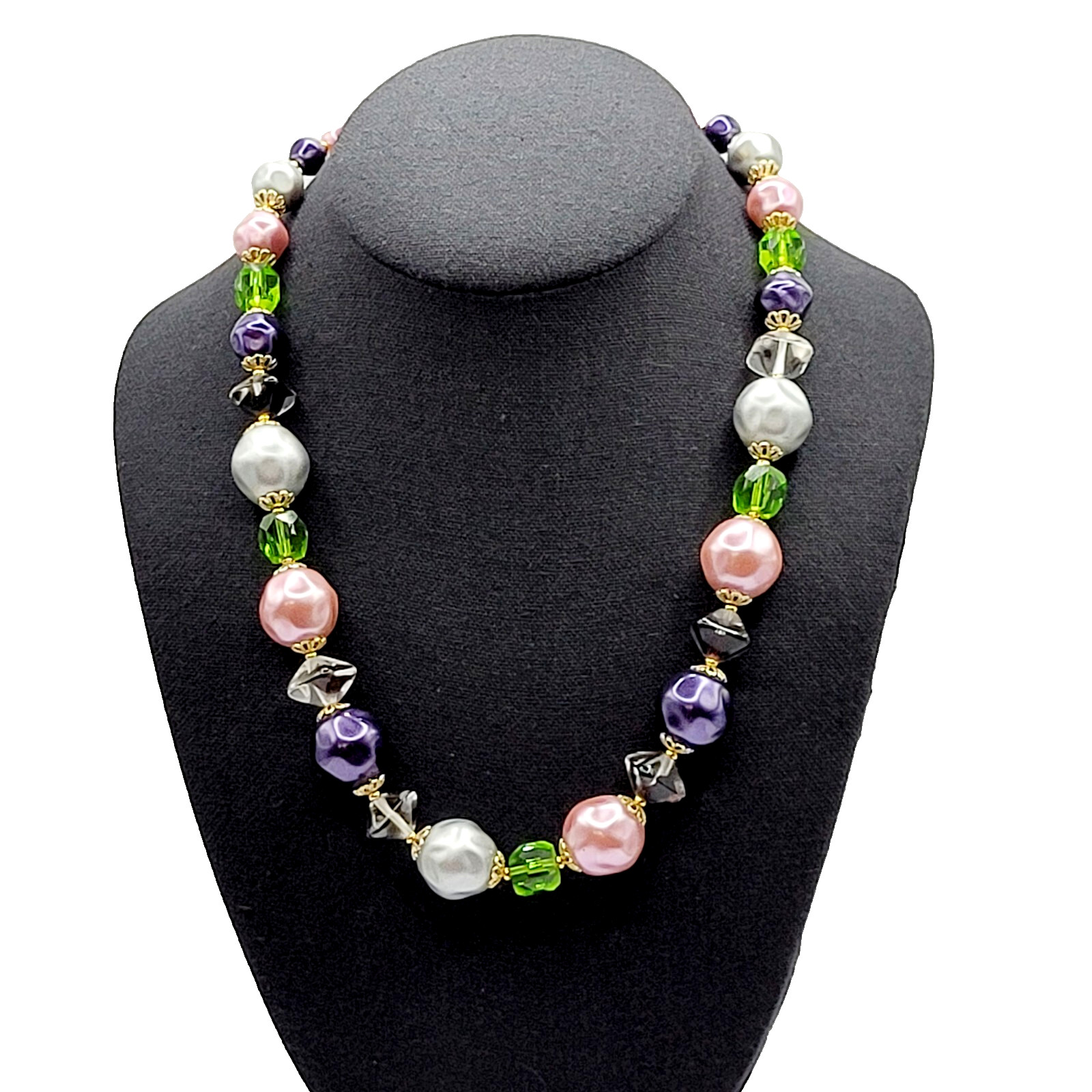 Colorful Glass & Faux Pearl Style Multi Color Shape Bead Vintage Necklace 21 In