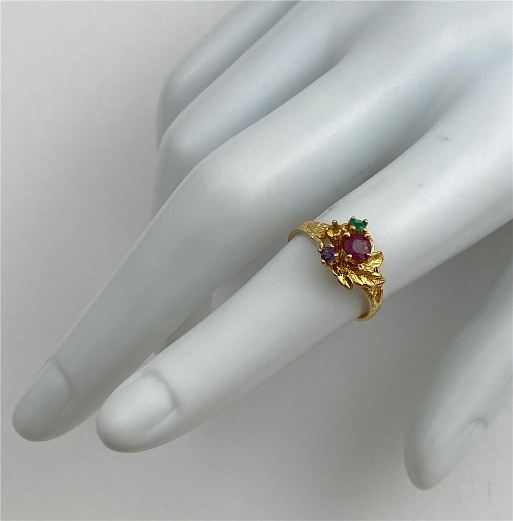 Vintage Red, Green, Purple & Yellow Gem Stones Gold Tone Ring Size 5