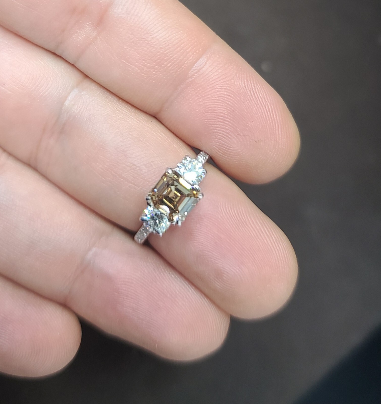 14k White Gold Vintage Engagement Ring 2.06ct. Champagne Diamond Asscher Cut