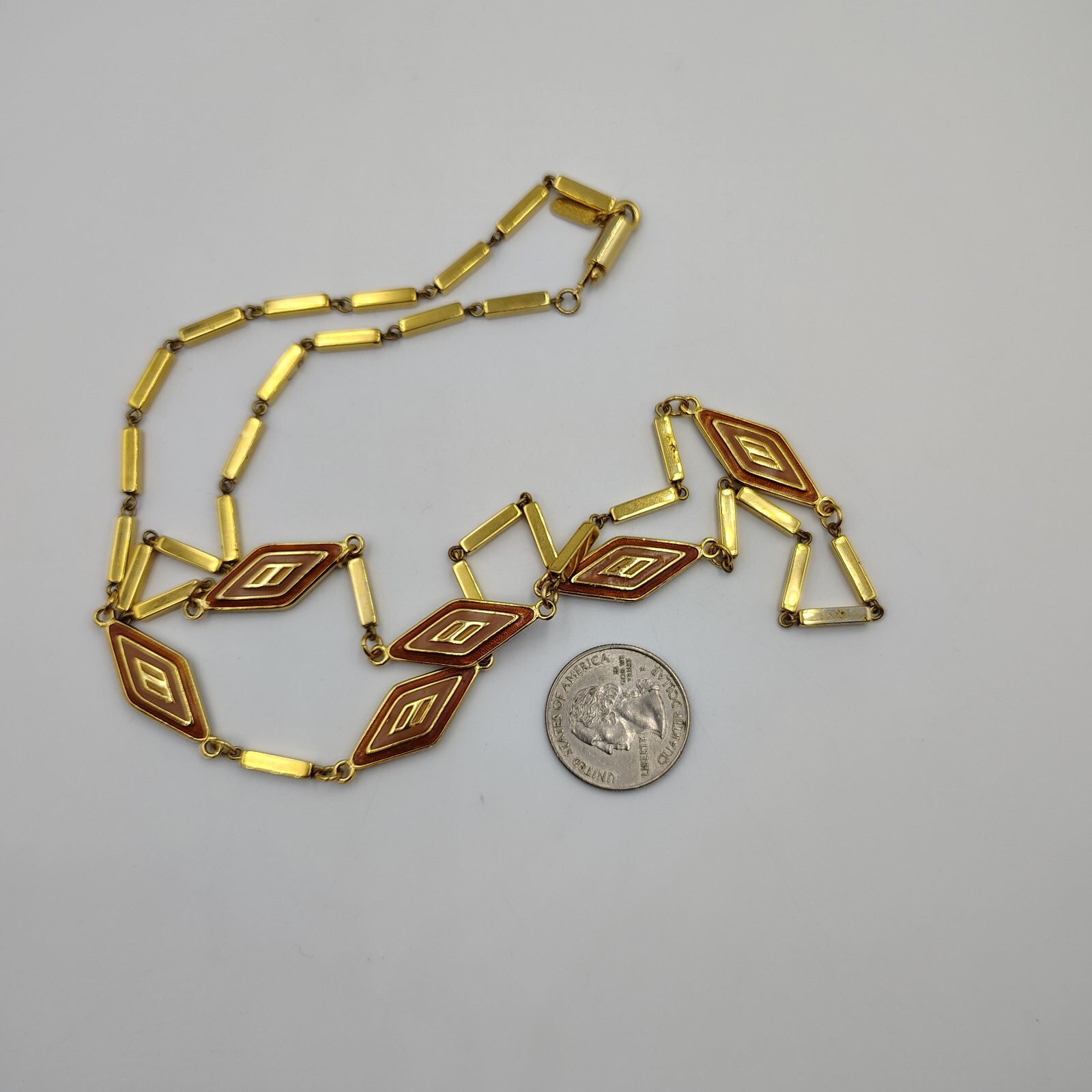 Vintage Orena Paris Gold Tone Enamoring Geometric Station Long Necklace