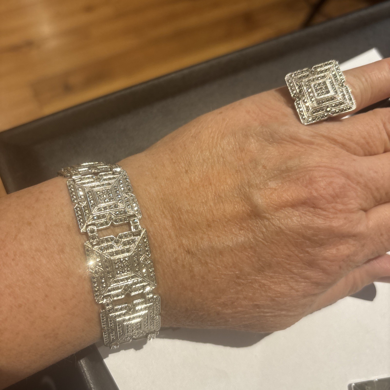 Vintage Art Deco Sterling Marcasite Bracelet & Ring & Earrings Set 64 Grams