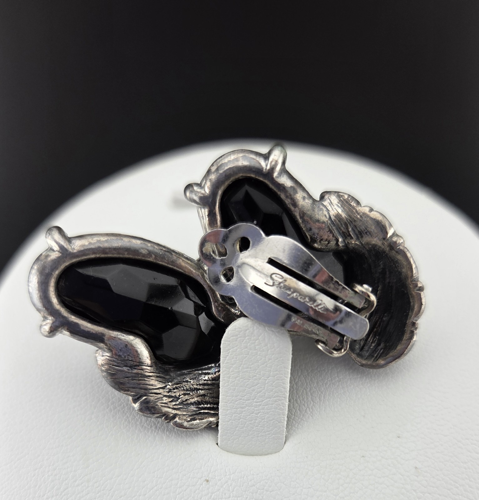 Vintage Signed Schiaparelli Black Glass Leaf Clip-On Earrings Rhodium Plated