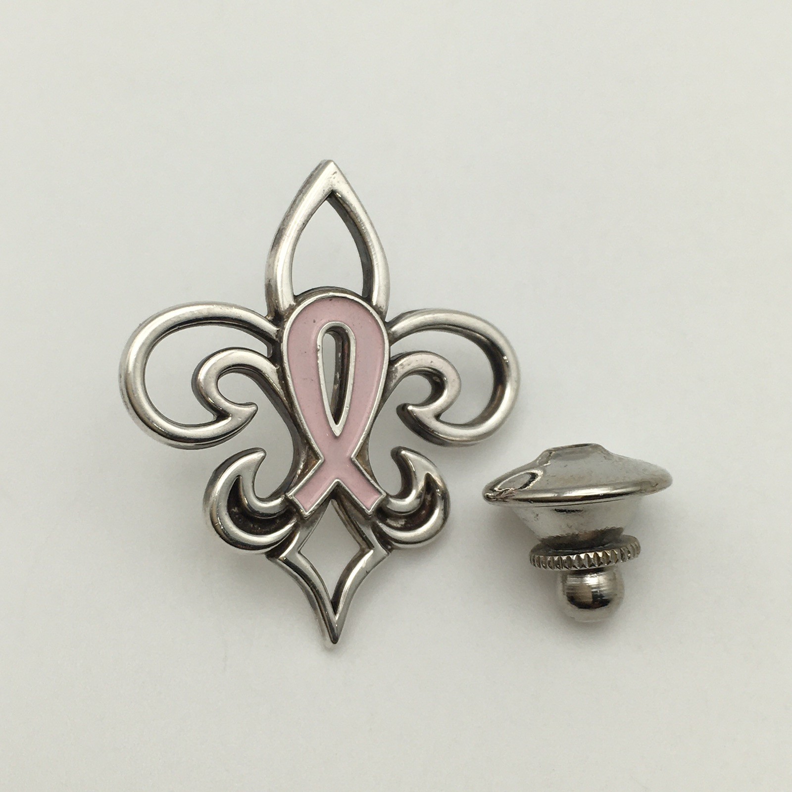 Vintage Sterling Silver Pink Breast Cancer Ribbon Fleur De Lis Pin Tack 3.3g #58