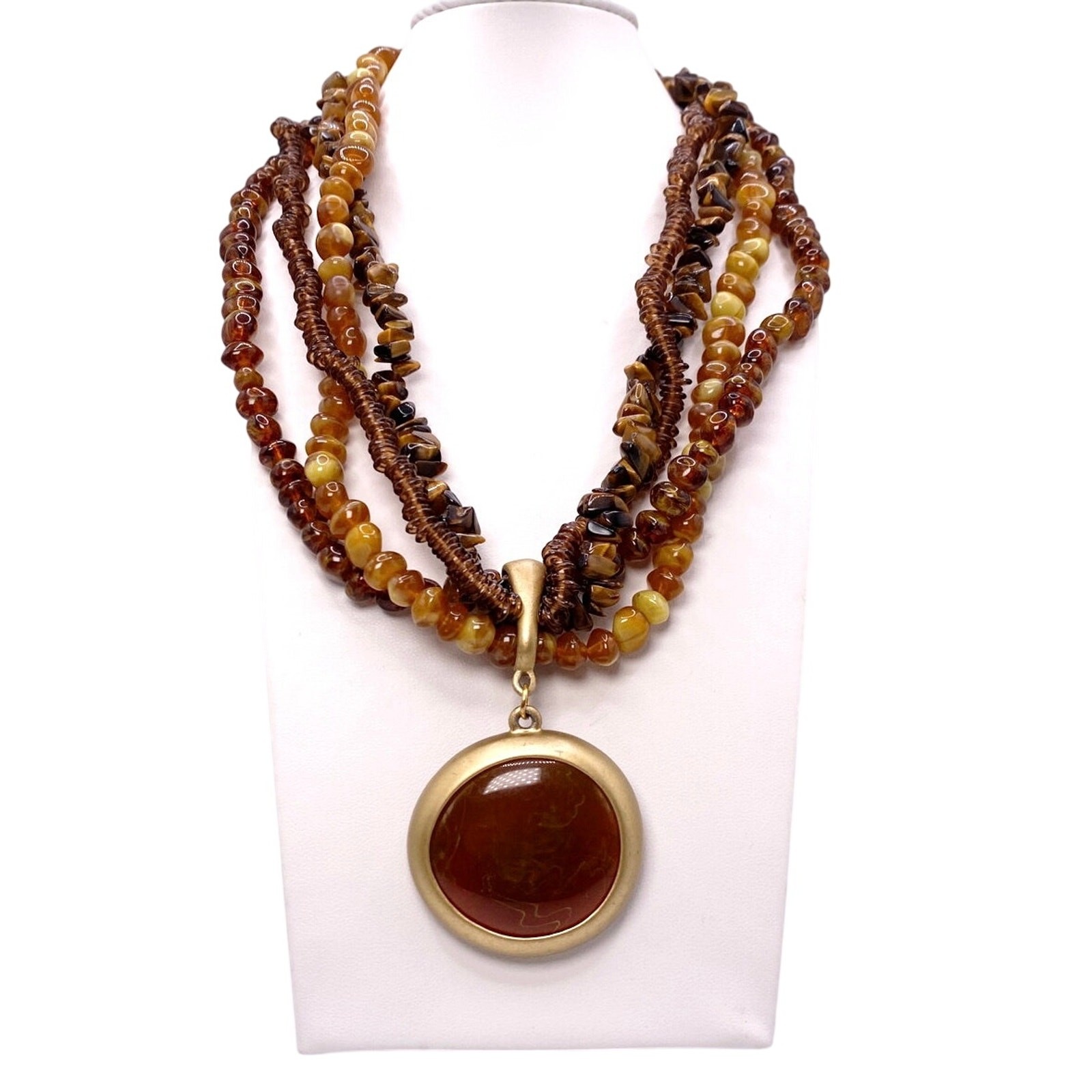 Vintage Amber Tone Lucite MultiStrand Necklace with Cabochon Pendant
