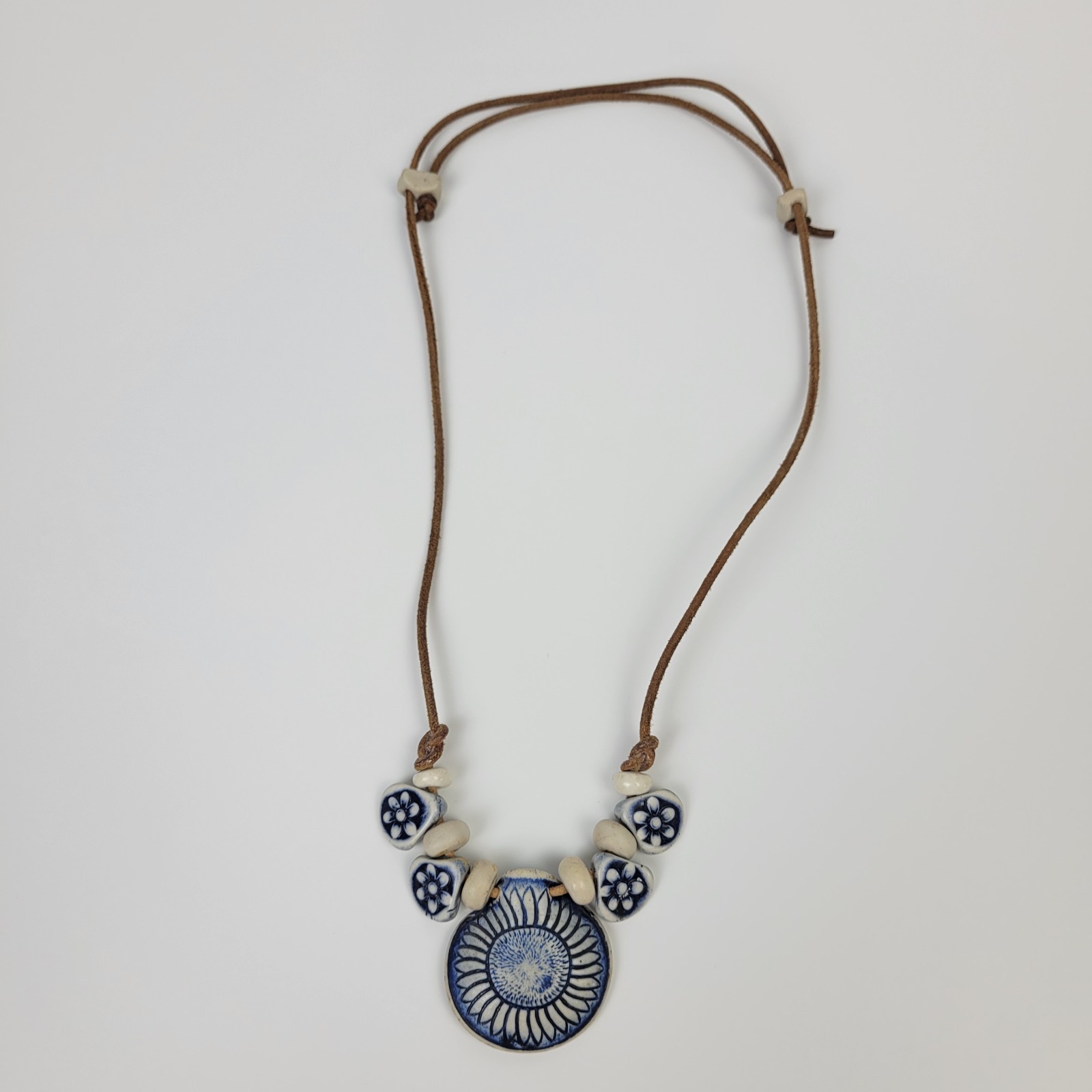 Vtg Artisan Bohemian Pottery Pendant~Choker Necklace Leather Cord Blue White