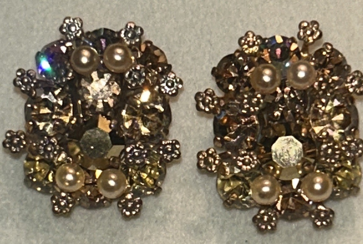 Vintage Austria Bronze Rhinestone & Pearl Cluster Earrings Clip On AB Crystal 1”