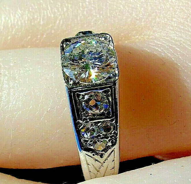 Original EARTH MINED DIAMOND Deco Engagement Ring Vintage SOLID 14K WHITE GOLD