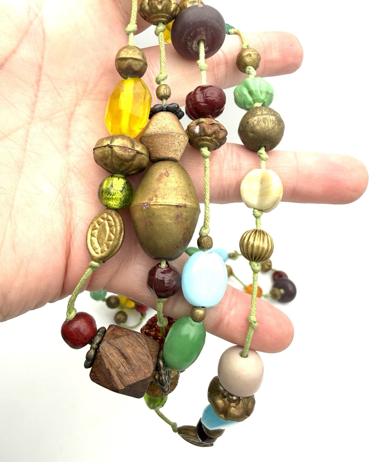 Vintage Mix Bead Necklace Knotted Multicolor Glass Crochet Wood Ceramic Metal 60