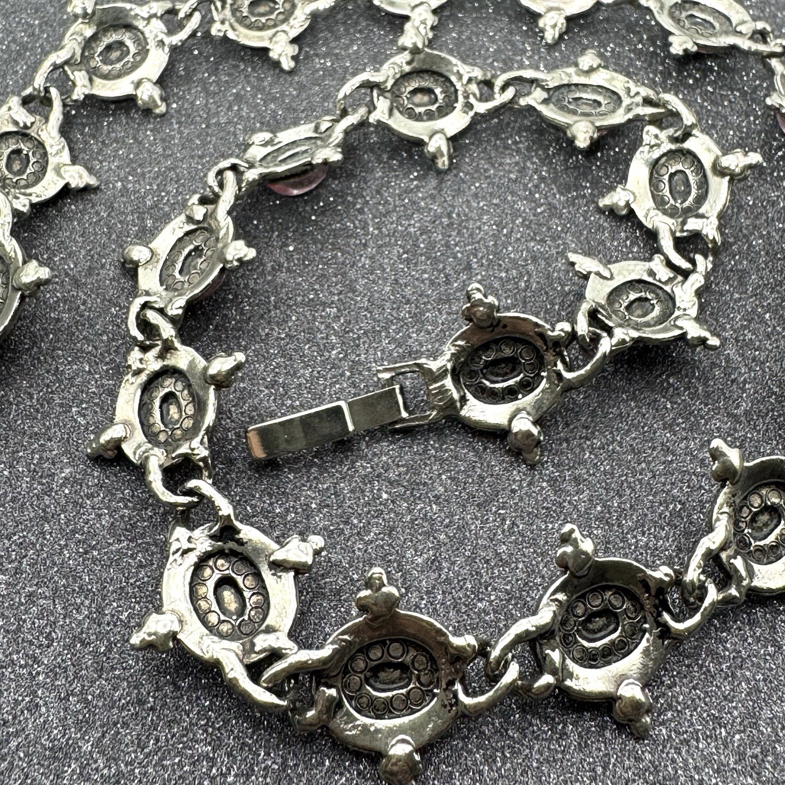 Vintage Silver Beaded & Marcasite Collar Necklace, Bezel Set With Pink Cabochons