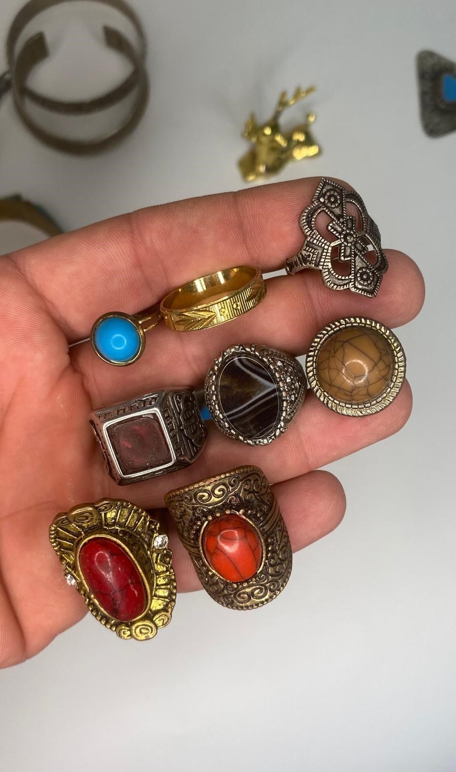 Vintage Jewelry & Curios Lot Bracelets Rings Keys Dagger Deer Figurine