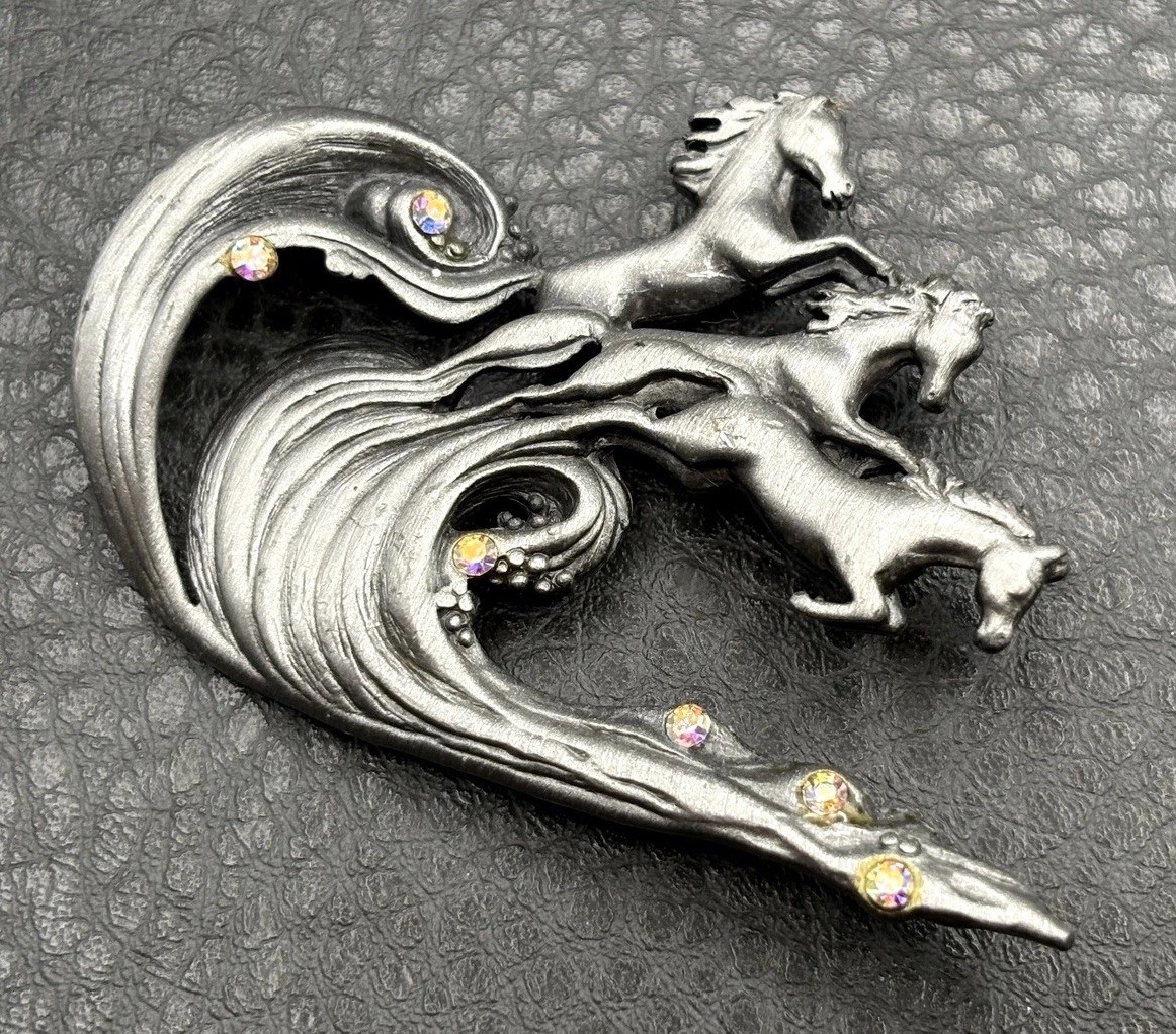 VTG Horses Riding Waves Equestrian AJC Pewter Aurora Borealis Crystal Brooch Pin