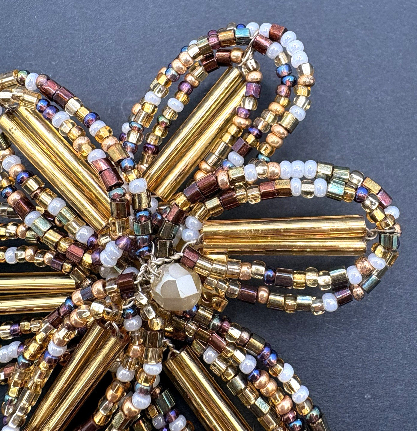 Vintage Joan Rivers Flower Floral Gold Brown White Glass Beaded Brooch Pin 2.5″