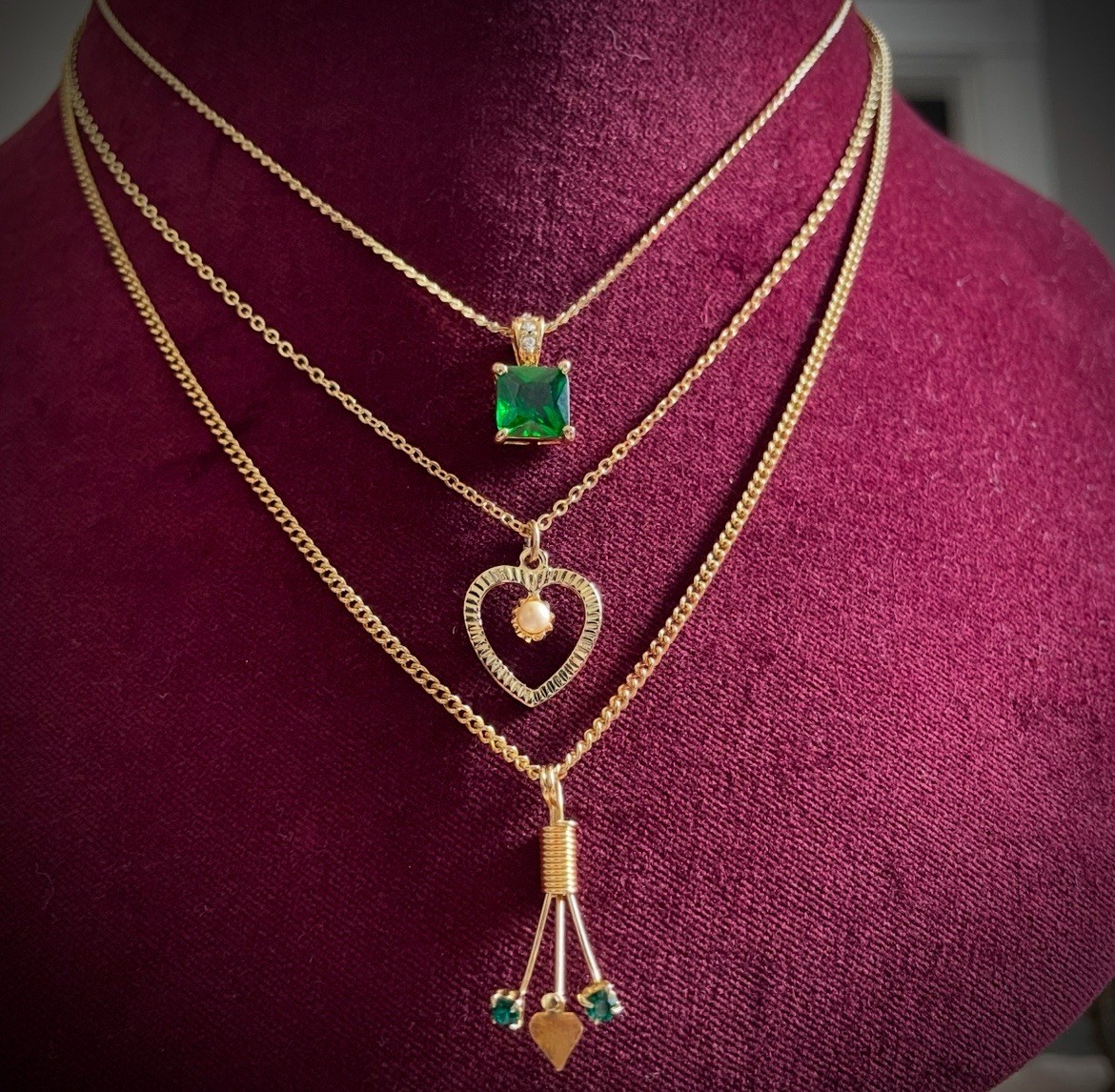 Vintage Dainty Necklace Set (3) Emerald Green Rhinestone Gold Tone Heart May Lot