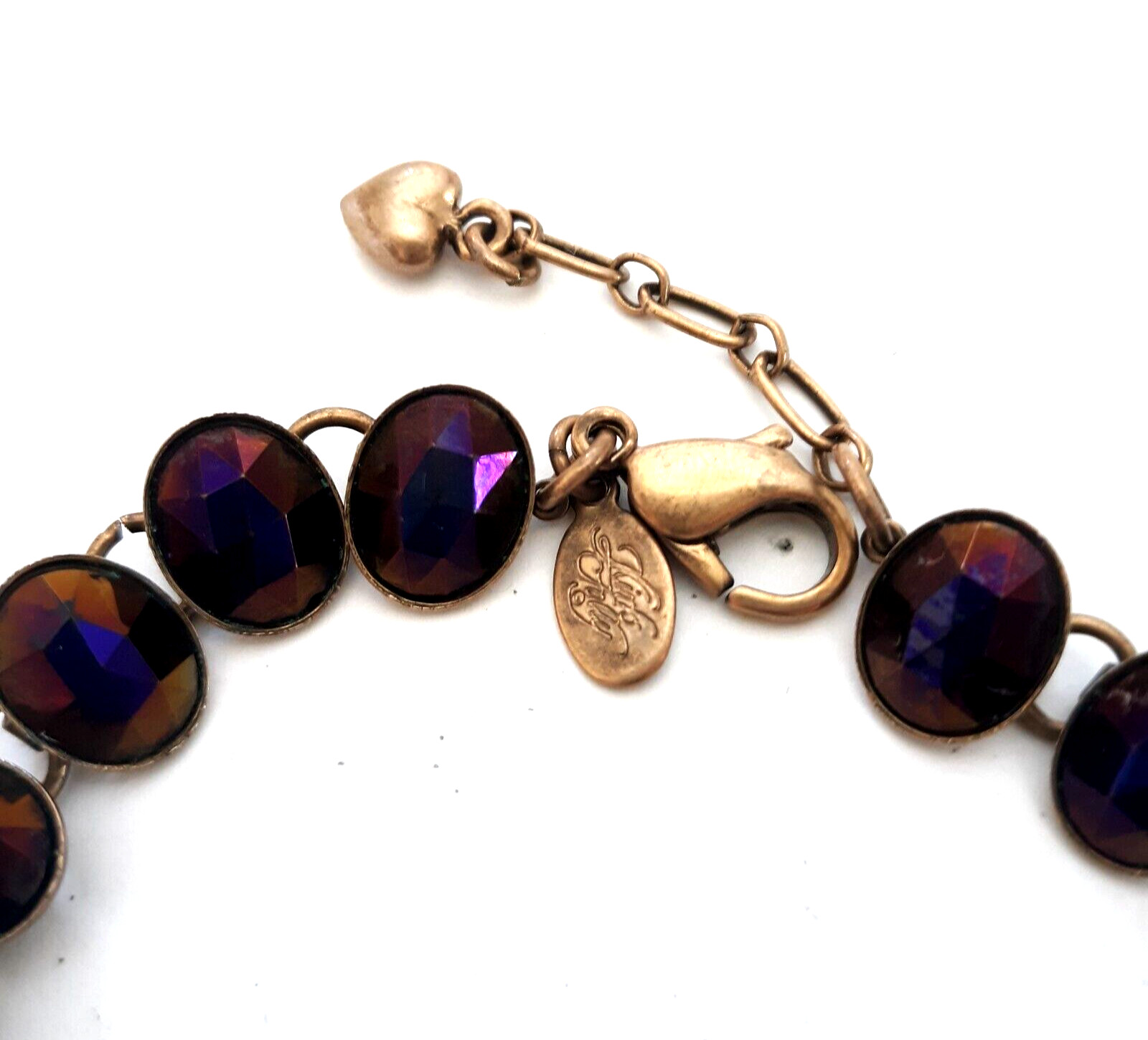 Kirks Folly Crystal Station Bracelet Deep Purple Antiqued Gold Tone Heart Charm