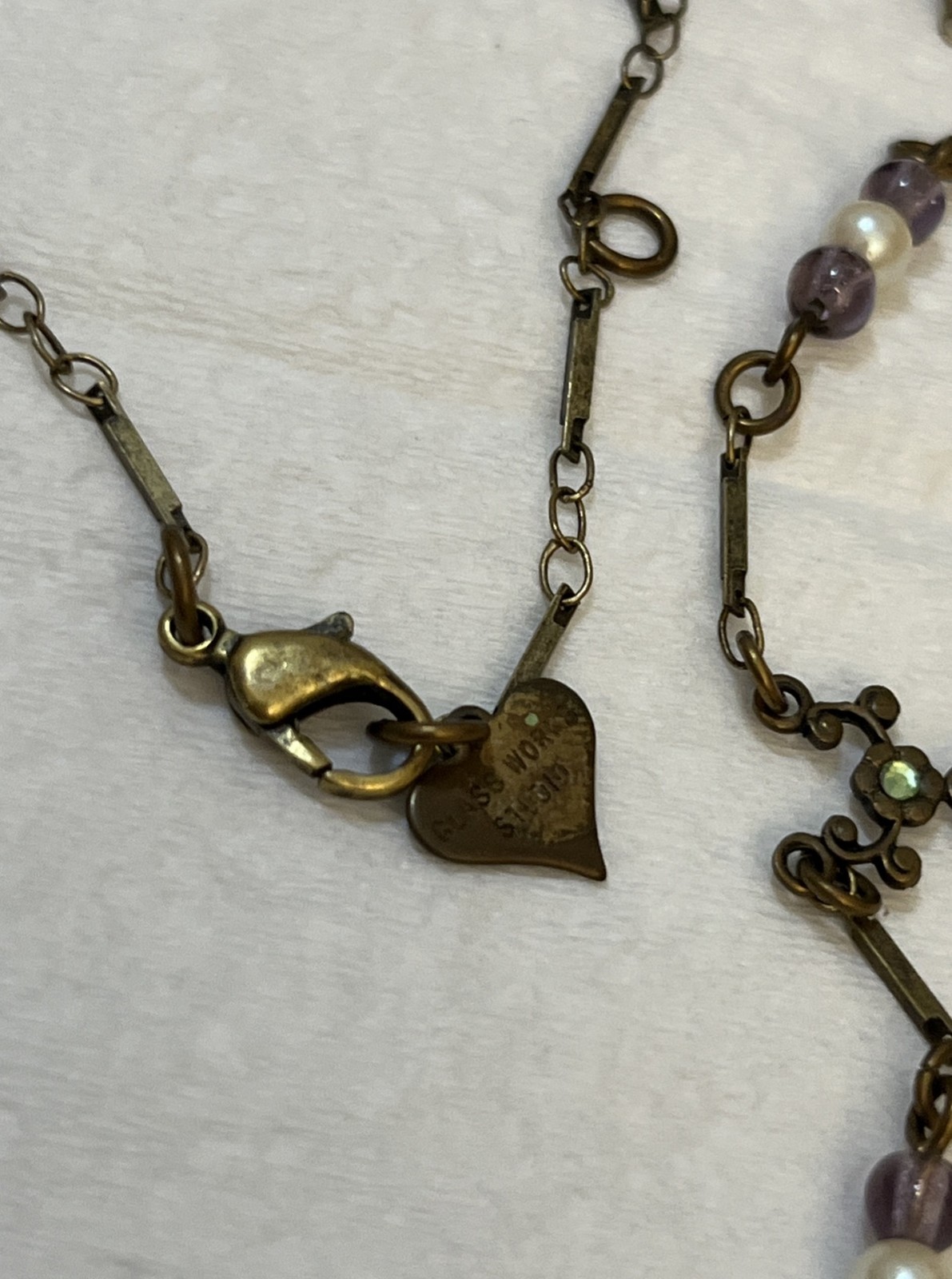 Glass Works Studio Signed Necklace Vintage Hang Tag Flowers Enamel Faux Pearl
