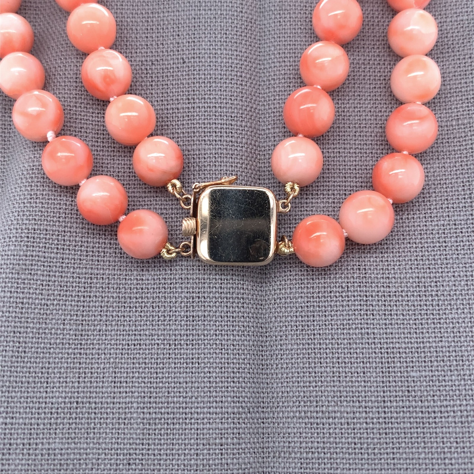Genuine Coral Bead Double Strand Necklace 7-8mm Beads w/ 14k Gold Clasp (#J6980)
