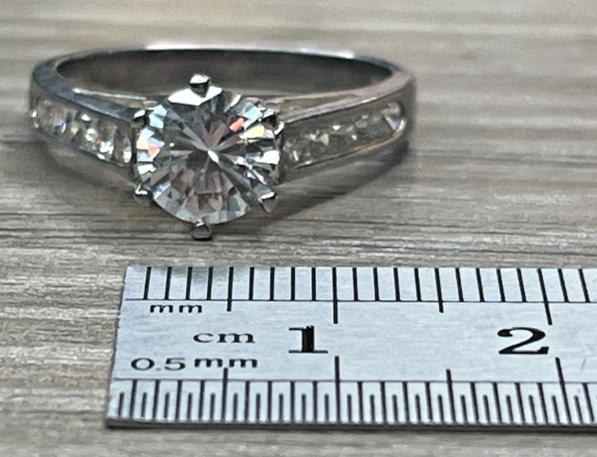 Vintage DBJ Sparkling CZ Solitaire Accents Engagement Ring Silver Tone SZ 8.25