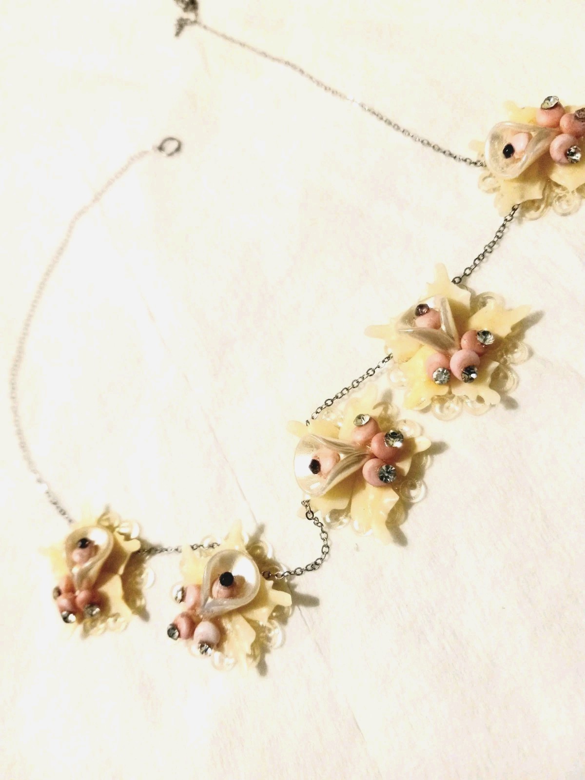 Vintage Necklace Shell Celluloid Rhinestone Floral Cluster 925 Sterling Silver