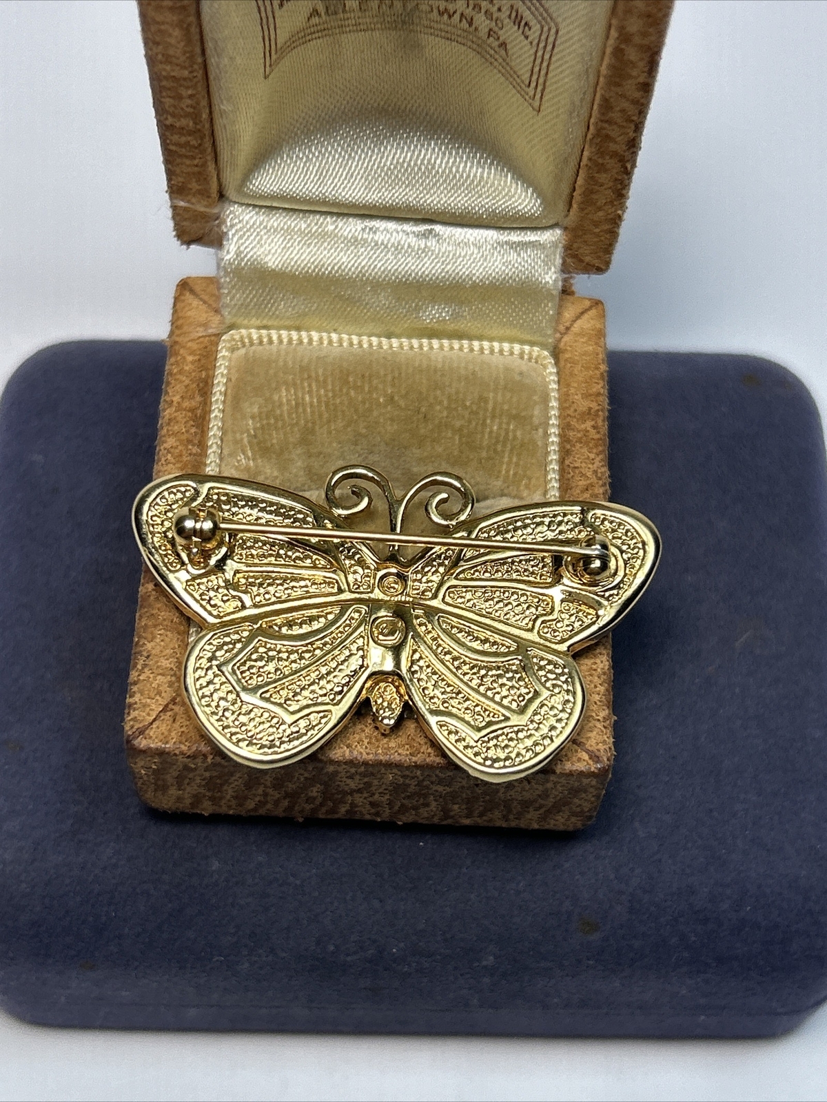 Swarovski Gold Tone Green & Red Enamel Clear Rhinestone Butterfly Brooch