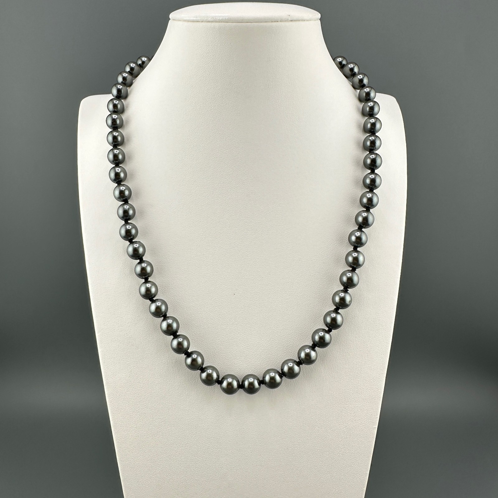 Vintage Glass Pearl Necklace Hand Knotted Charcoal Gray Gold Tone Filigree Clasp